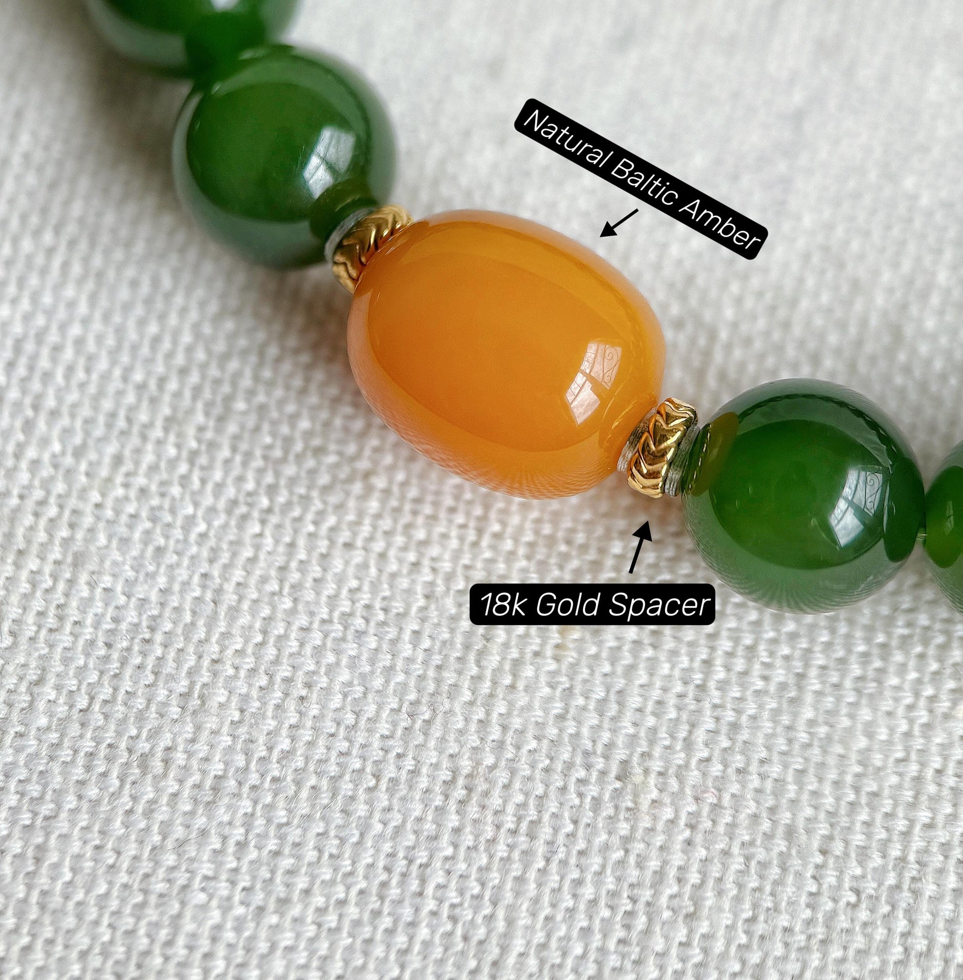 9mm Certified Green Nephrite Jade Bracelet | Baltic Amber Center | 18K Gold Spacers | Luxury Jade Jewelry Gift for Her
