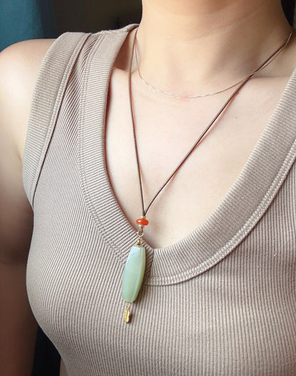 Certified Nephrite Jade Pendant Necklace | Celadon Green | Red Agate and Feather Charm | A One-of-a-Kind Jewelry Gift
