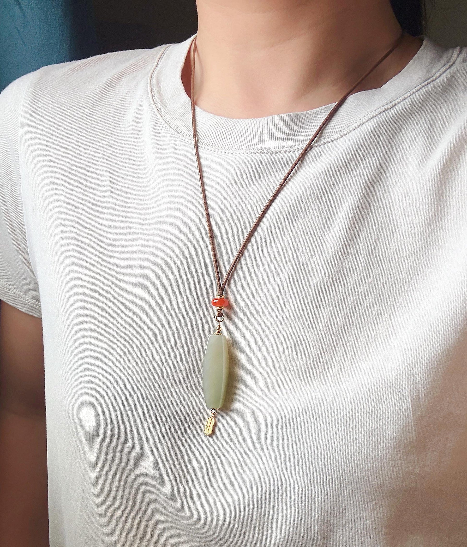 Certified Nephrite Jade Pendant Necklace | Celadon Green | Red Agate and Feather Charm | A One-of-a-Kind Jewelry Gift