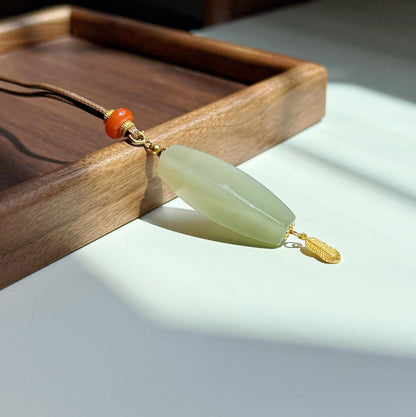 Certified Nephrite Jade Pendant Necklace | Celadon Green | Red Agate and Feather Charm | A One-of-a-Kind Jewelry Gift