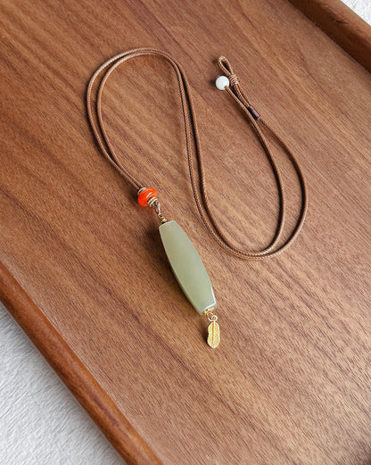 Certified Nephrite Jade Pendant Necklace | Celadon Green | Red Agate and Feather Charm | A One-of-a-Kind Jewelry Gift