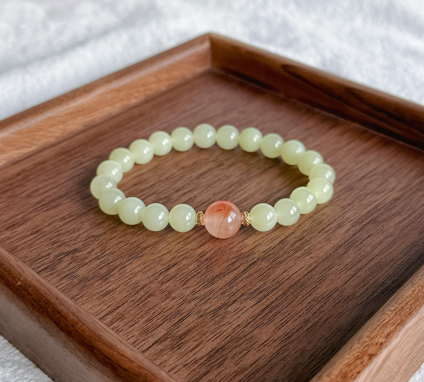7.5mm Natural Creamy Yellow Nephrite Jade Bracelet with Red Agate & 18K Gold | Genuine Fine Jade Jewelry Gift