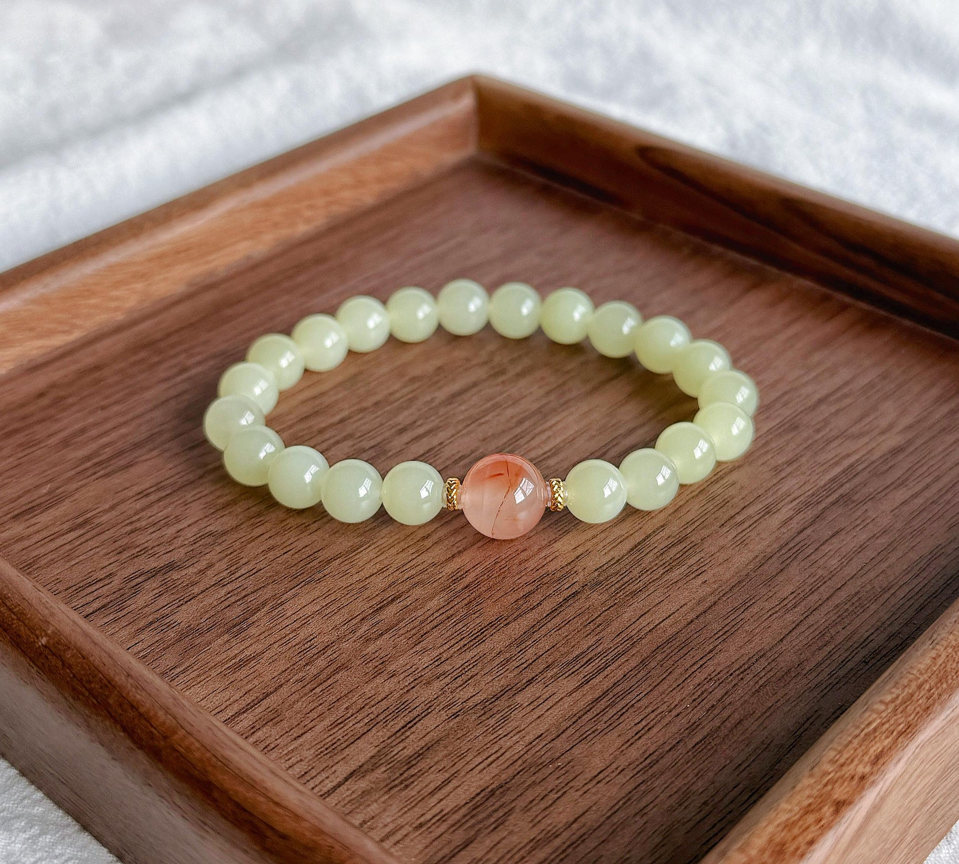 7.5mm Natural Creamy Yellow Nephrite Jade Bracelet with Red Agate & 18K Gold | Genuine Fine Jade Jewelry Gift