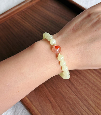 7.5mm Natural Creamy Yellow Nephrite Jade Bracelet with Red Agate & 18K Gold | Genuine Fine Jade Jewelry Gift