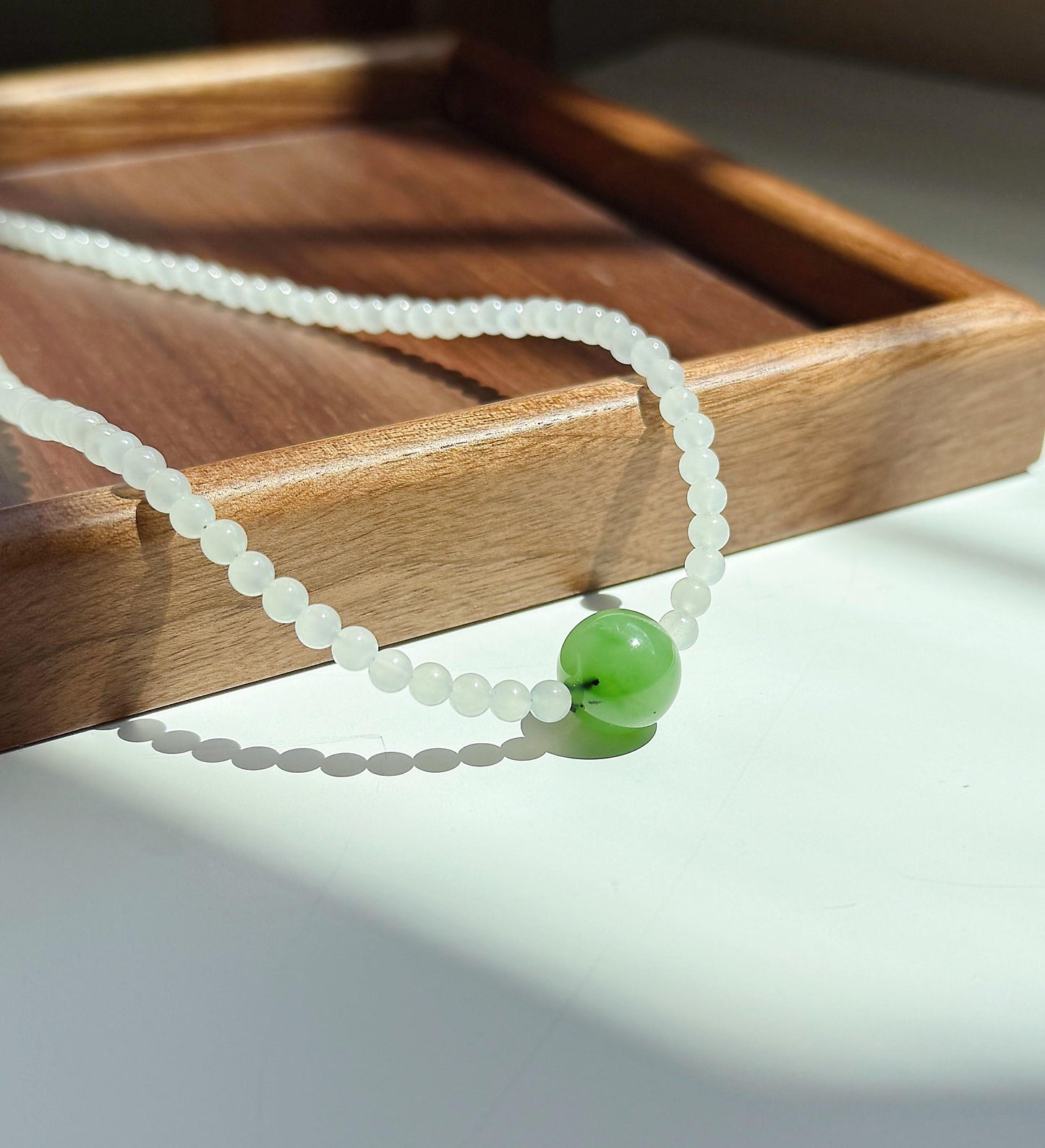 4mm Natural White Nephrite Jade Beaded Necklace | Green Jade Center Bead | Dainty Choker | Minimalist Layering Necklace