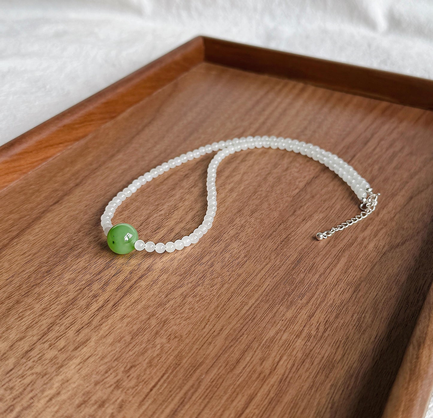 4mm Natural White Nephrite Jade Beaded Necklace | Green Jade Center Bead | Dainty Choker | Minimalist Layering Necklace