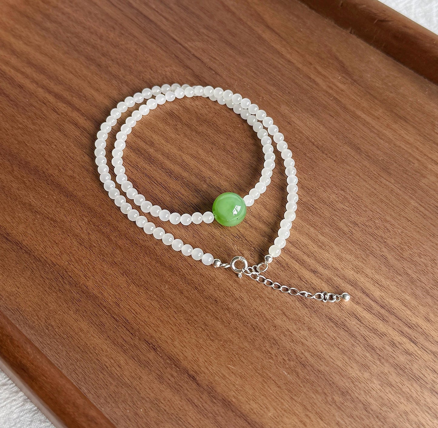 4mm Natural White Nephrite Jade Beaded Necklace | Green Jade Center Bead | Dainty Choker | Minimalist Layering Necklace