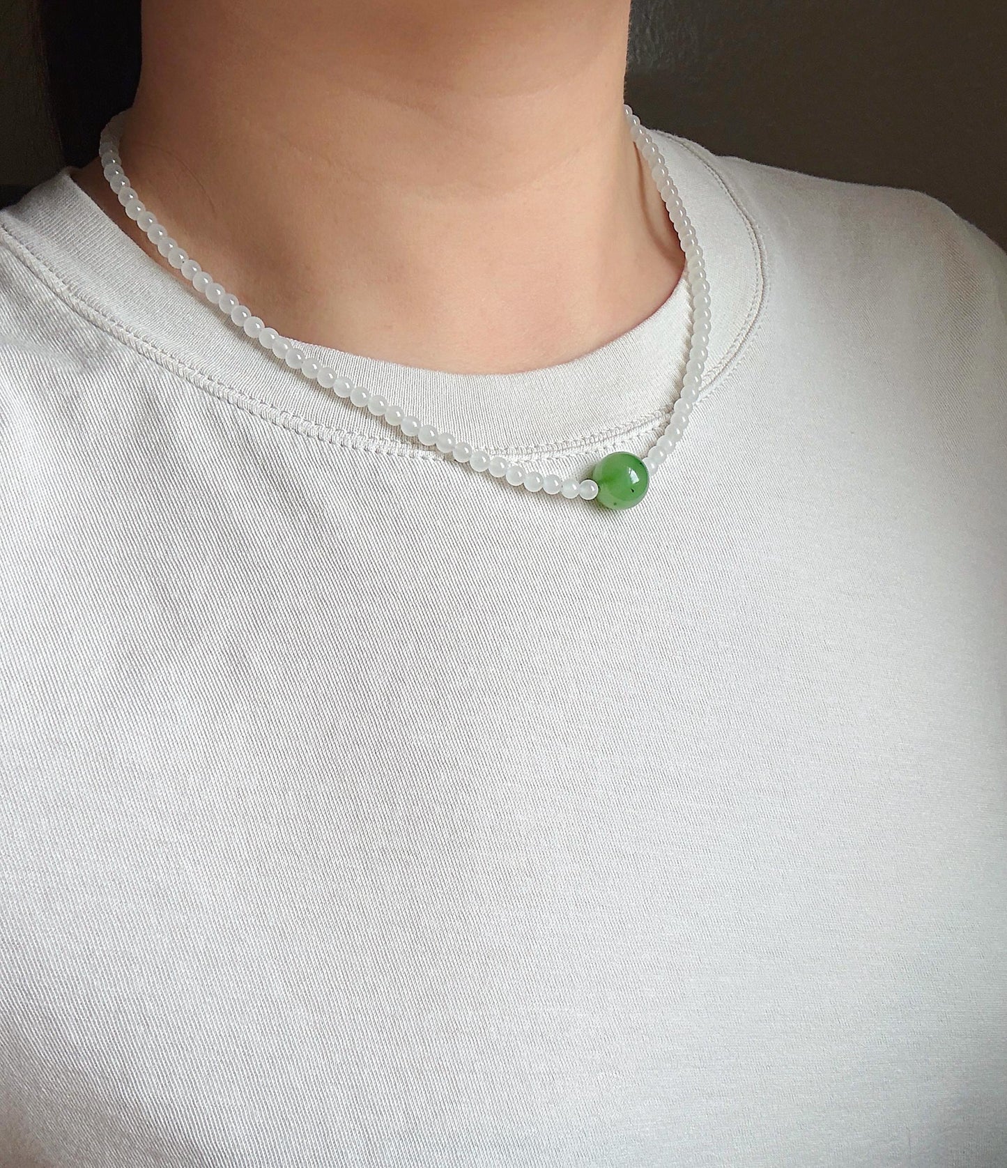 4mm Natural White Nephrite Jade Beaded Necklace | Green Jade Center Bead | Dainty Choker | Minimalist Layering Necklace