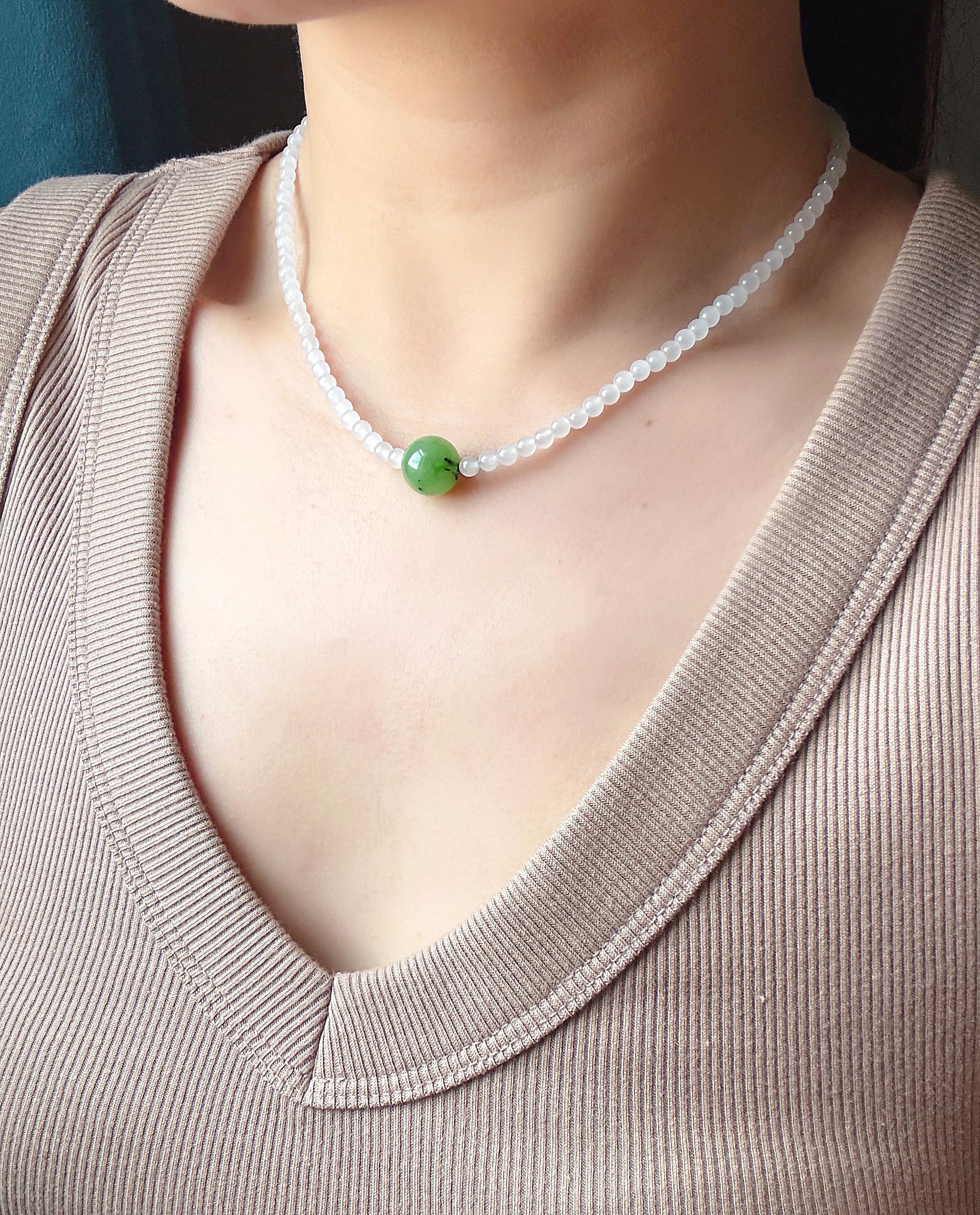 4mm Natural White Nephrite Jade Beaded Necklace | Green Jade Center Bead | Dainty Choker | Minimalist Layering Necklace