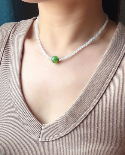 4mm Natural White Nephrite Jade Beaded Necklace | Green Jade Center Bead | Dainty Choker | Minimalist Layering Necklace