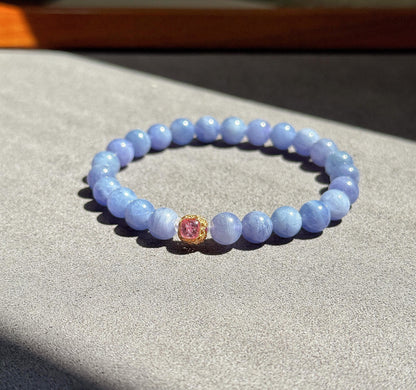 7mm Natural Tanzanite Bracelet | Violet Blue Gemstone Beads | Pink Tourmaline Accent | December Birthstone