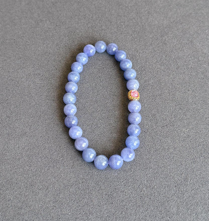 7mm Natural Tanzanite Bracelet | Violet Blue Gemstone Beads | Pink Tourmaline Accent | December Birthstone