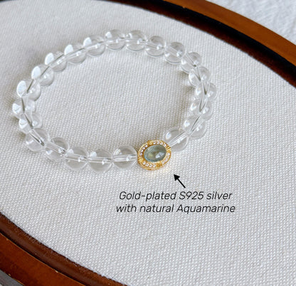 8mm Clear Quartz Bracelet with S925 Silver Aquamarine Charm | Light & Tranquil
