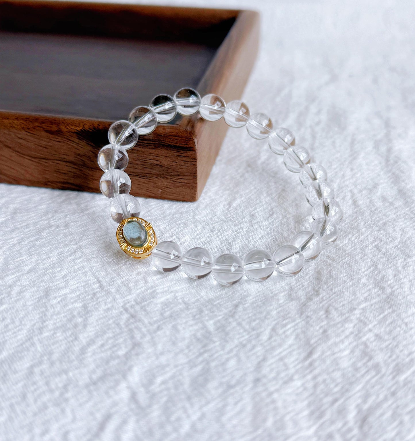 8mm Clear Quartz Bracelet with S925 Silver Aquamarine Charm | Light & Tranquil