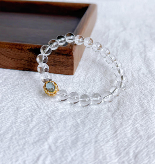 8mm Clear Quartz Bracelet with S925 Silver Aquamarine Charm | Light & Tranquil