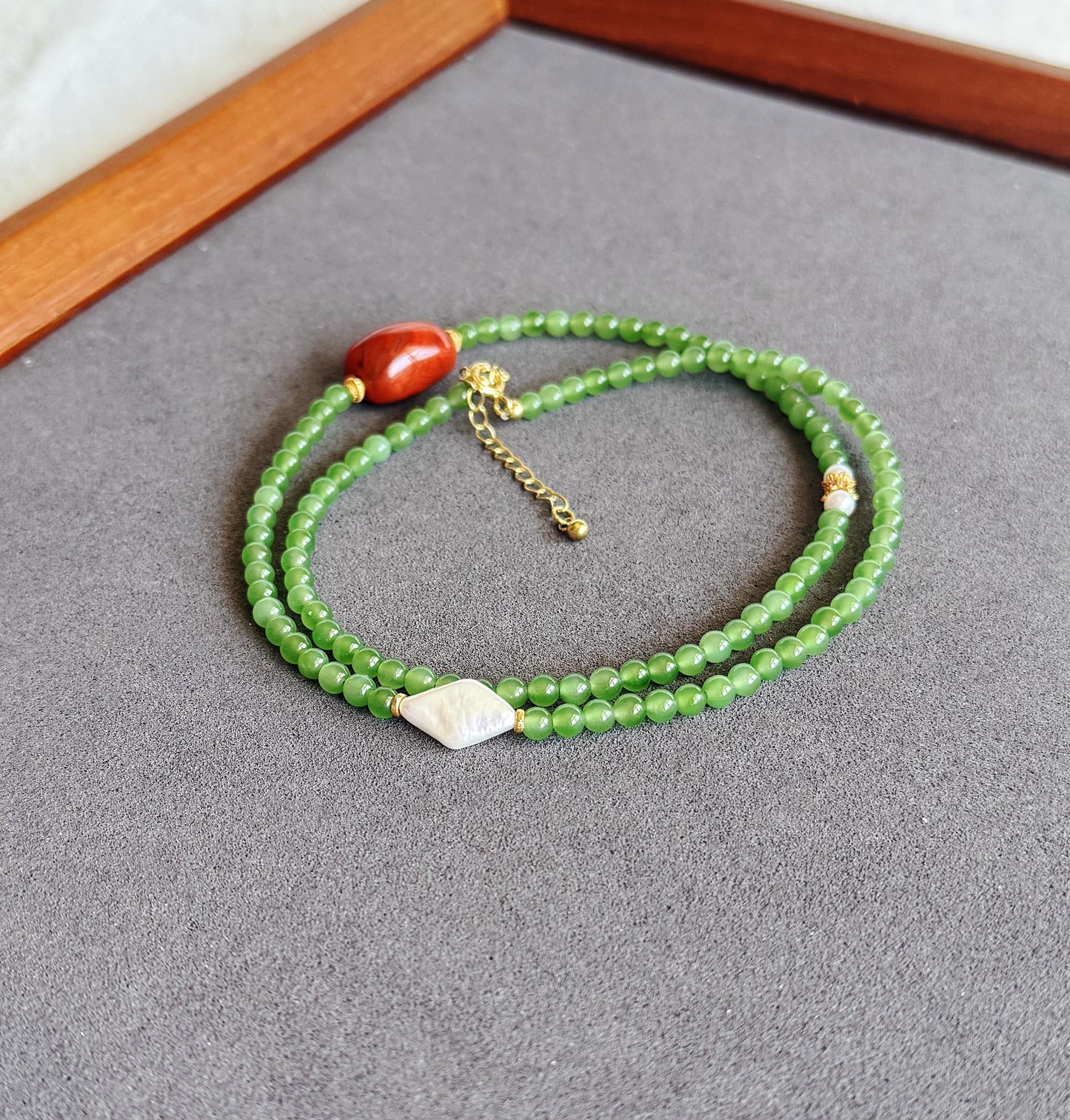 Natural Green Nephrite Jade Necklace 4mm | Red Agate & Freshwater Pearl | Convertible Triple-Wrap Bracelet | Gift for Her