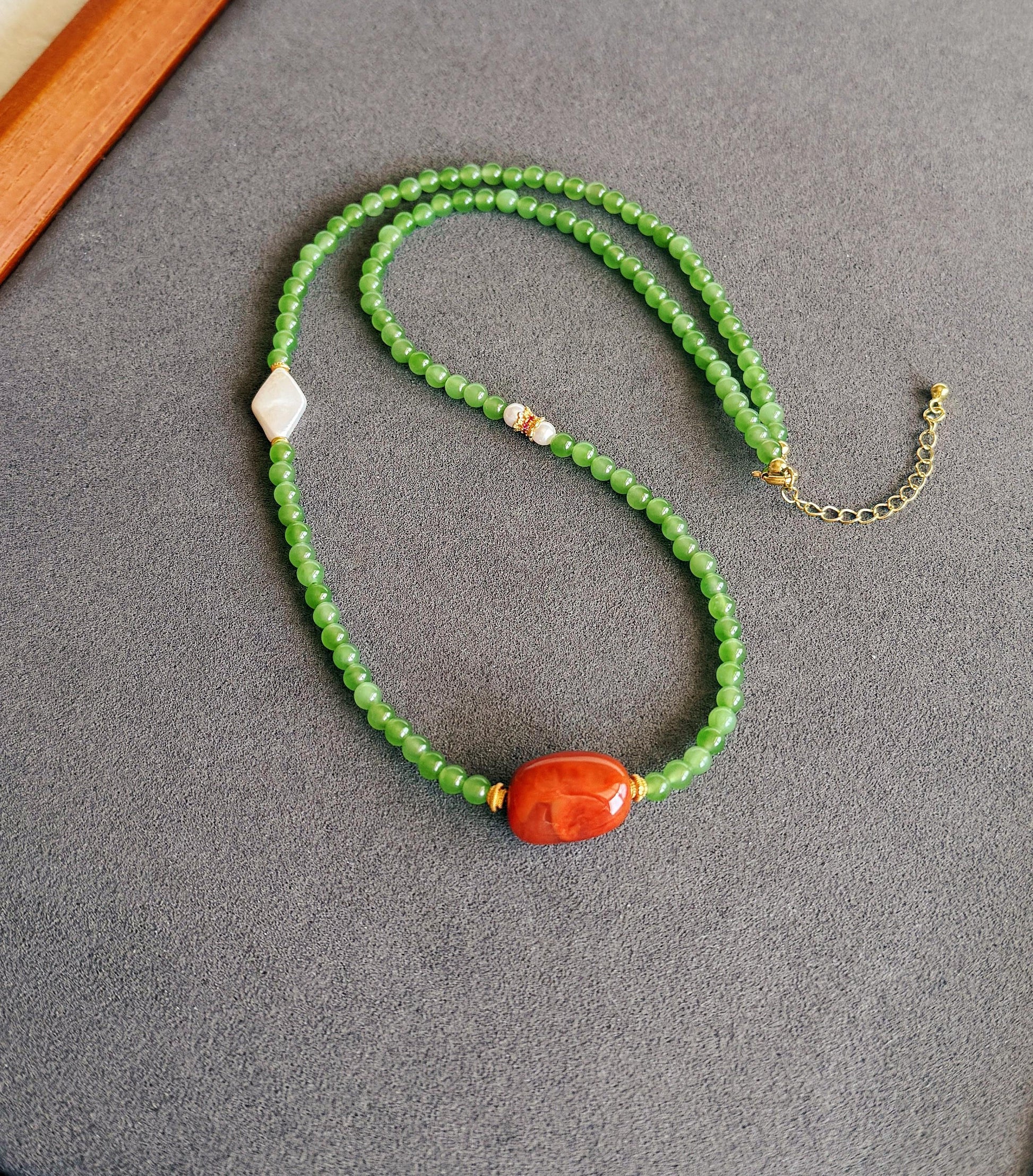 Natural Green Nephrite Jade Necklace 4mm | Red Agate & Freshwater Pearl | Convertible Triple-Wrap Bracelet | Gift for Her