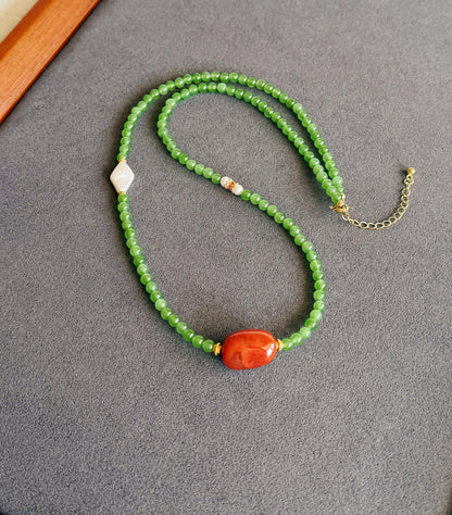 Natural Green Nephrite Jade Necklace 4mm | Red Agate & Freshwater Pearl | Convertible Triple-Wrap Bracelet | Gift for Her