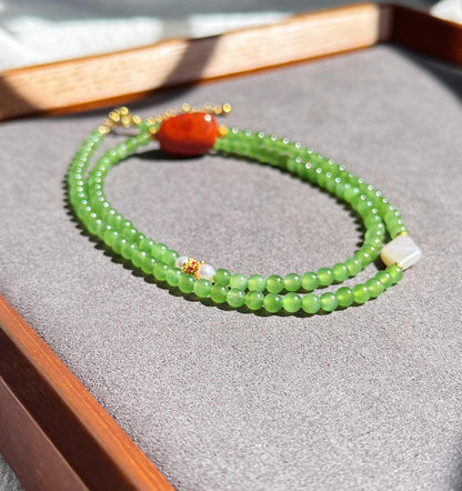 Natural Green Nephrite Jade Necklace 4mm | Red Agate & Freshwater Pearl | Convertible Triple-Wrap Bracelet | Gift for Her
