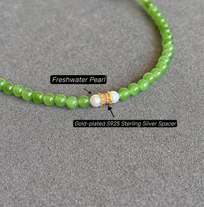 Natural Green Nephrite Jade Necklace 4mm | Red Agate & Freshwater Pearl | Convertible Triple-Wrap Bracelet | Gift for Her