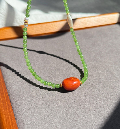 Natural Green Nephrite Jade Necklace 4mm | Red Agate & Freshwater Pearl | Convertible Triple-Wrap Bracelet | Gift for Her