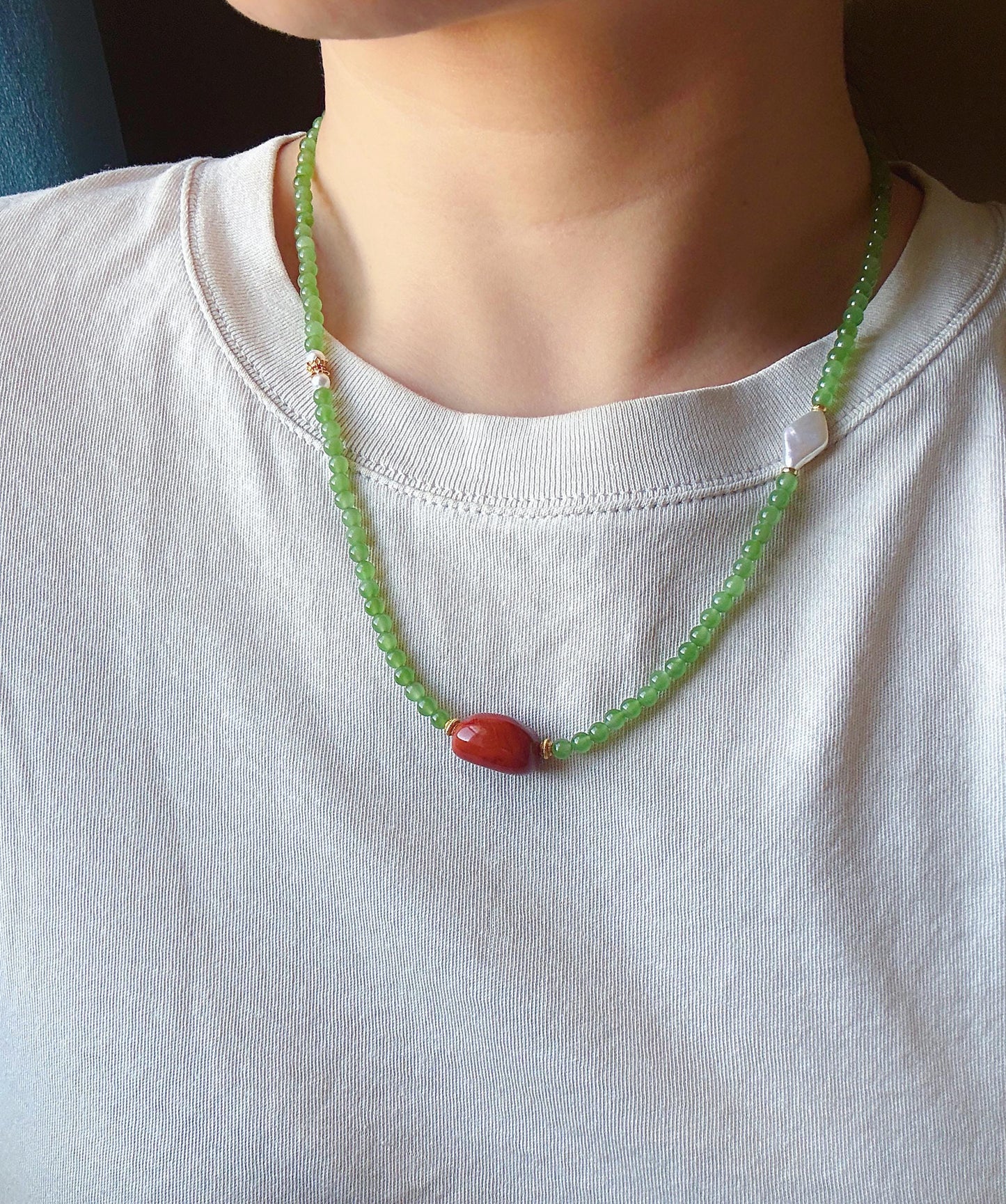 Natural Green Nephrite Jade Necklace 4mm | Red Agate & Freshwater Pearl | Convertible Triple-Wrap Bracelet | Gift for Her