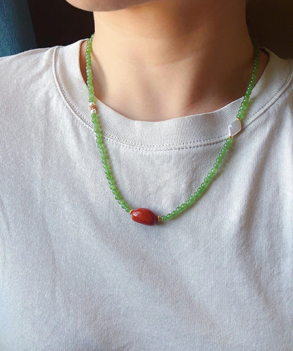 Natural Green Nephrite Jade Necklace 4mm | Red Agate & Freshwater Pearl | Convertible Triple-Wrap Bracelet | Gift for Her
