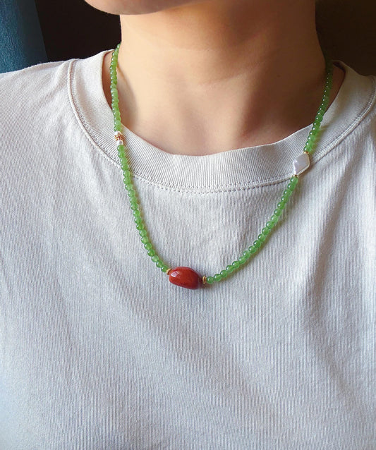 Natural Green Nephrite Jade Necklace 4mm | Red Agate & Freshwater Pearl | Convertible Triple-Wrap Bracelet | Gift for Her