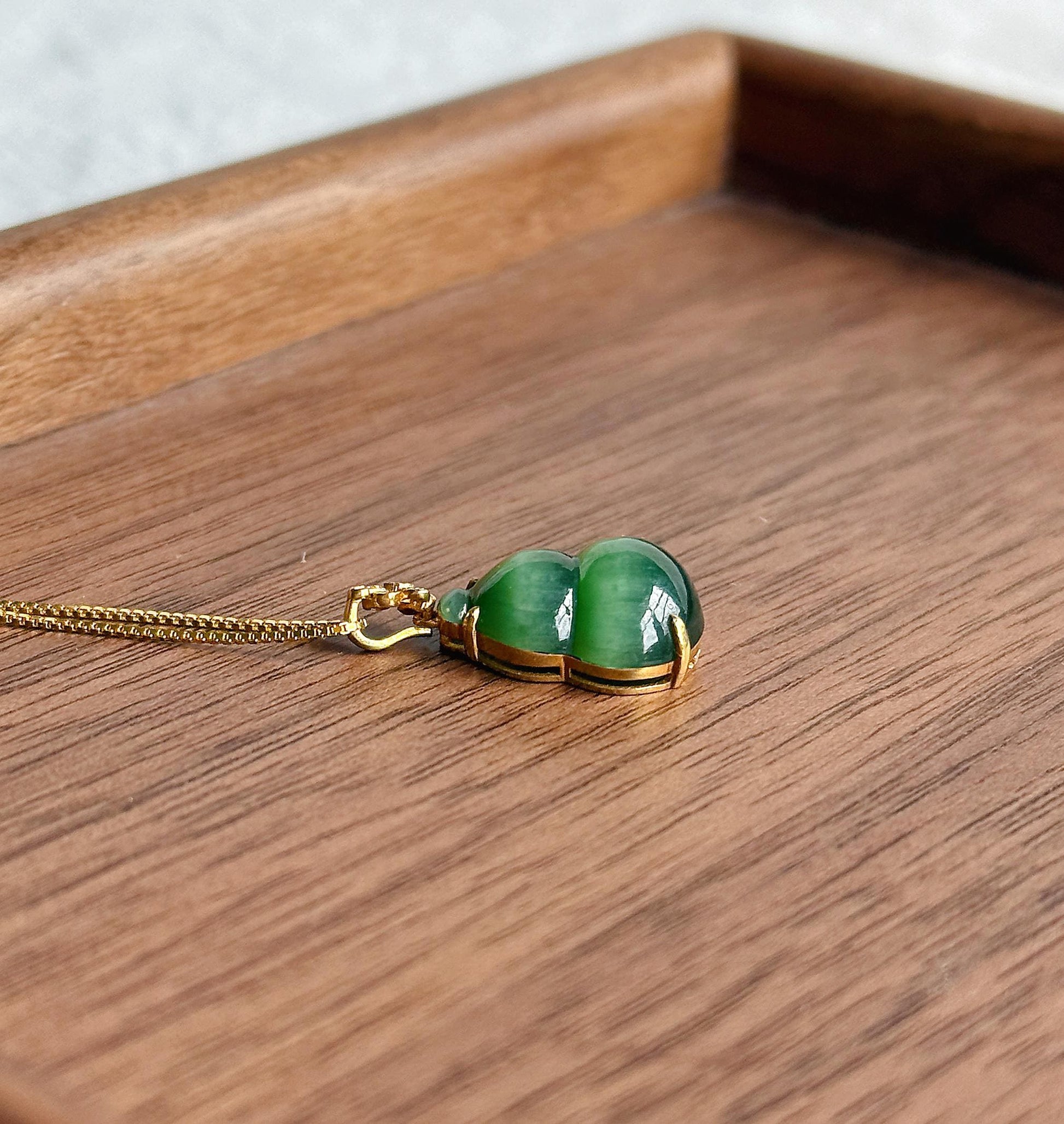 18K Gold Jade Gourd Pendant Necklace | Natural Green Nephrite Jade with Cat's Eye | Lucky Charm Jewelry Gift for Her