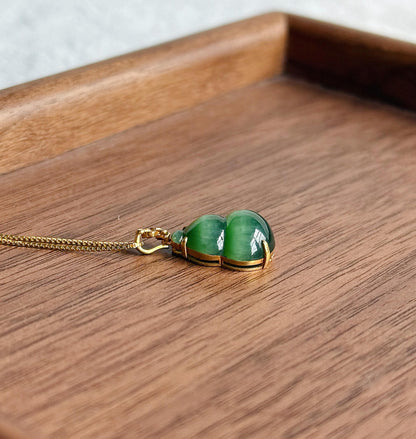 18K Gold Jade Gourd Pendant Necklace | Natural Green Nephrite Jade with Cat's Eye | Lucky Charm Jewelry Gift for Her