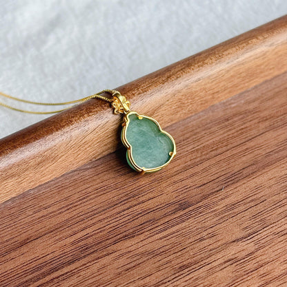 18K Gold Jade Gourd Pendant Necklace | Natural Green Nephrite Jade with Cat's Eye | Lucky Charm Jewelry Gift for Her