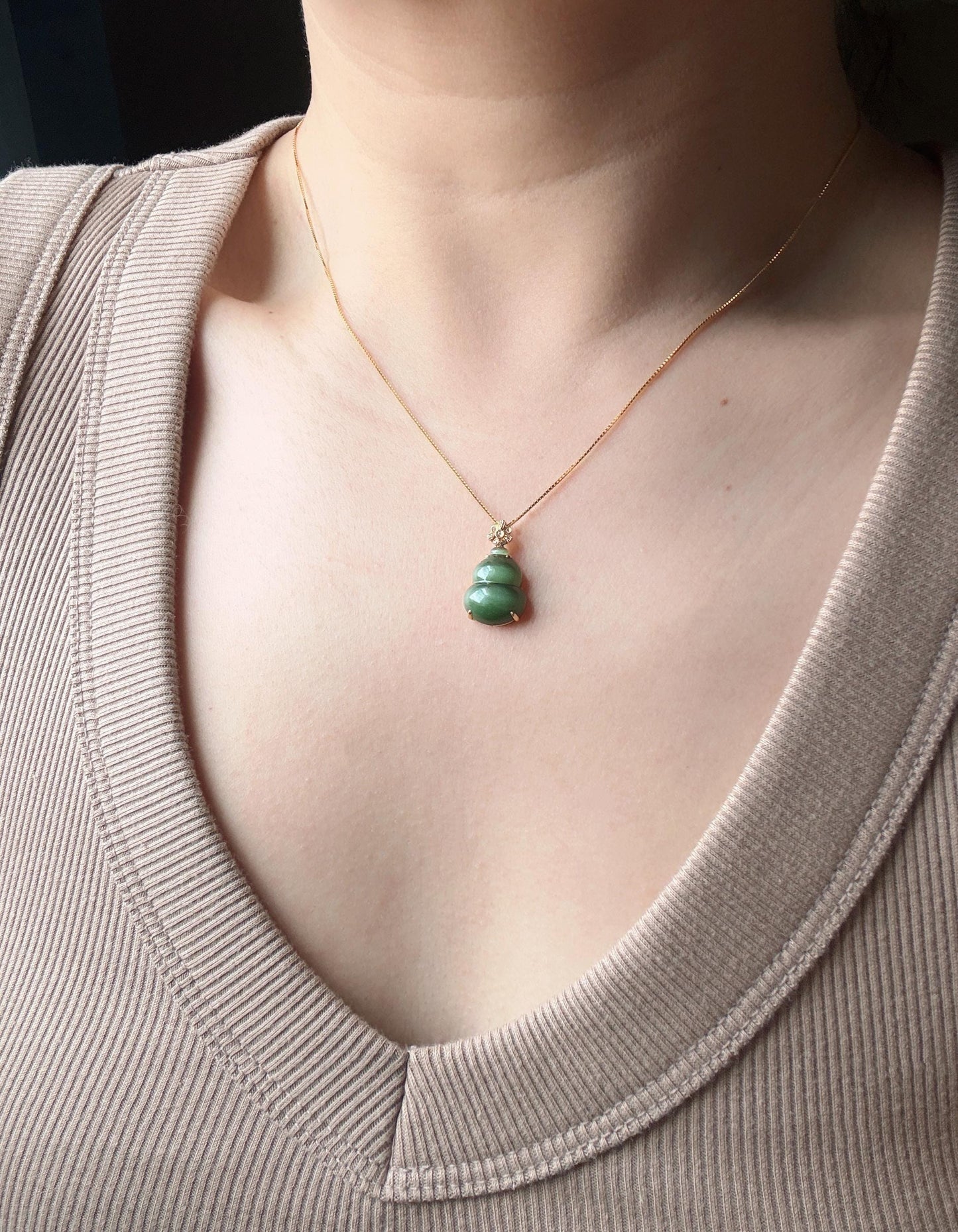 18K Gold Jade Gourd Pendant Necklace | Natural Green Nephrite Jade with Cat's Eye | Lucky Charm Jewelry Gift for Her