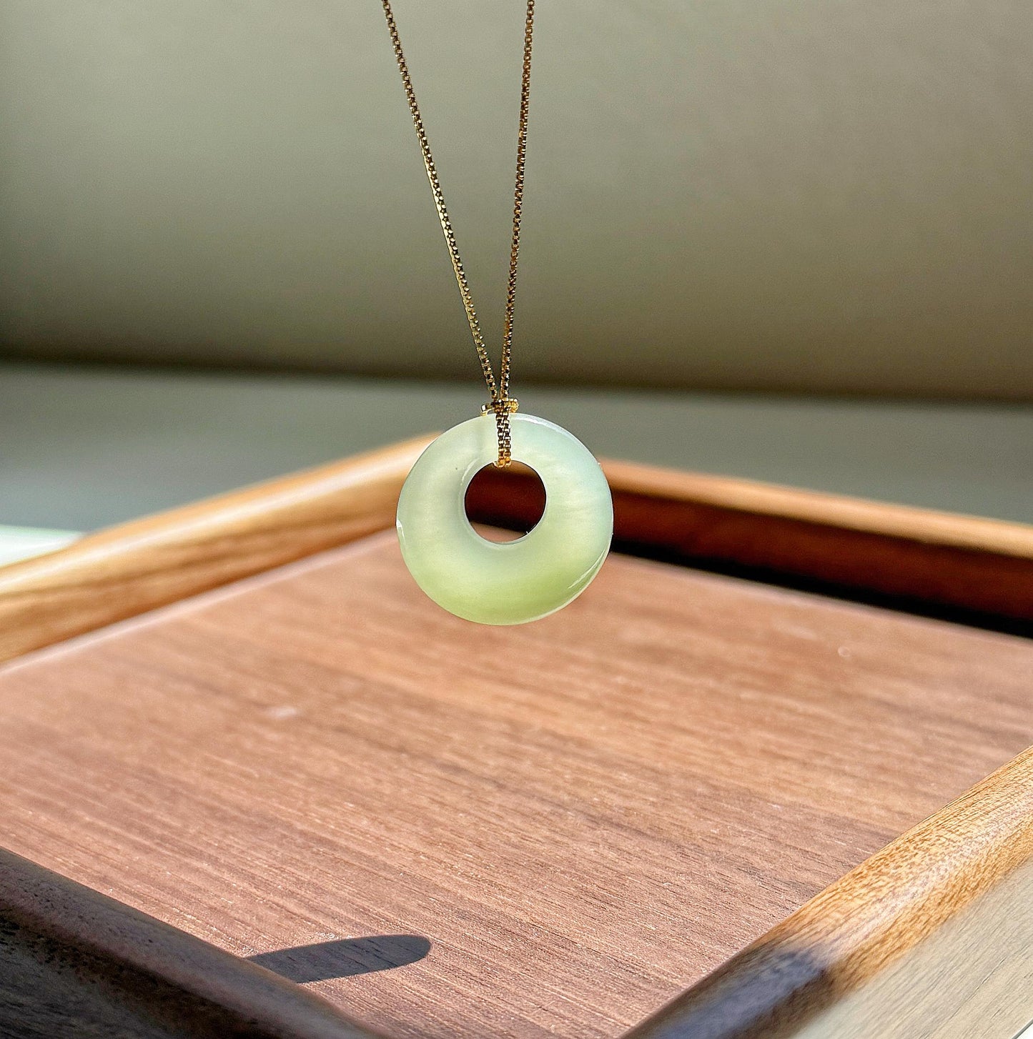 Icy Nephrite Jade Ping An Kou Necklace | Green Jade Donut Pendant | Adjustable Gold-Plated S925 Silver Chain | Dainty Jewelry Gift for Her