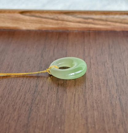 Icy Nephrite Jade Ping An Kou Necklace | Green Jade Donut Pendant | Adjustable Gold-Plated S925 Silver Chain | Dainty Jewelry Gift for Her