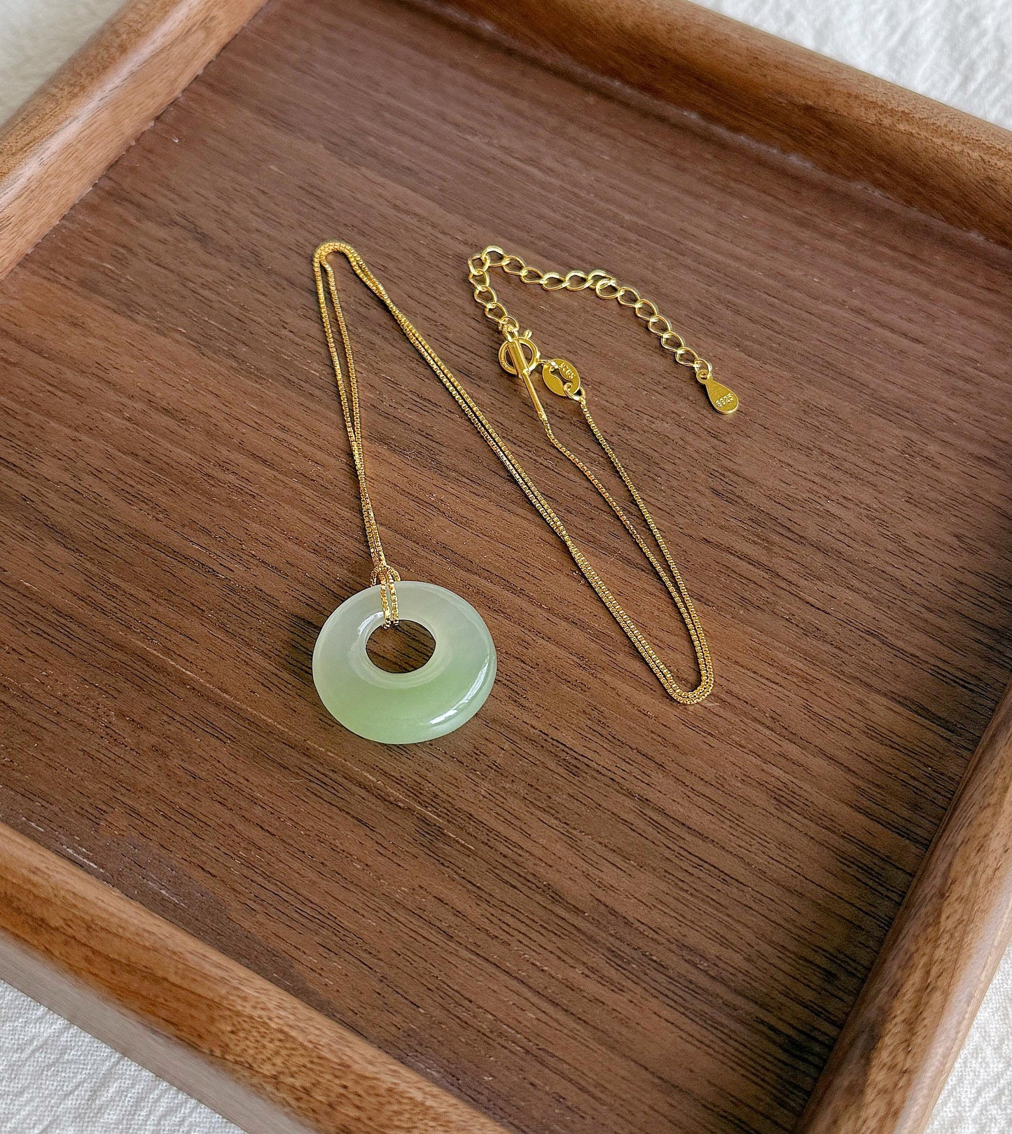Icy Nephrite Jade Ping An Kou Necklace | Green Jade Donut Pendant | Adjustable Gold-Plated S925 Silver Chain | Dainty Jewelry Gift for Her