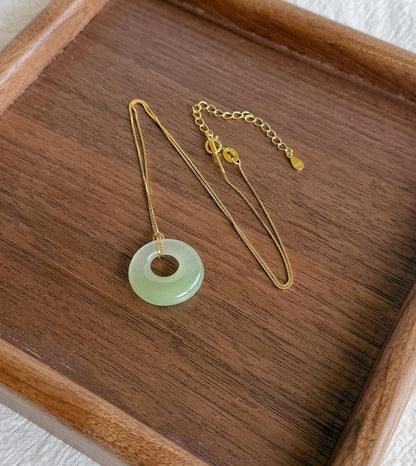 Icy Nephrite Jade Ping An Kou Necklace | Green Jade Donut Pendant | Adjustable Gold-Plated S925 Silver Chain | Dainty Jewelry Gift for Her
