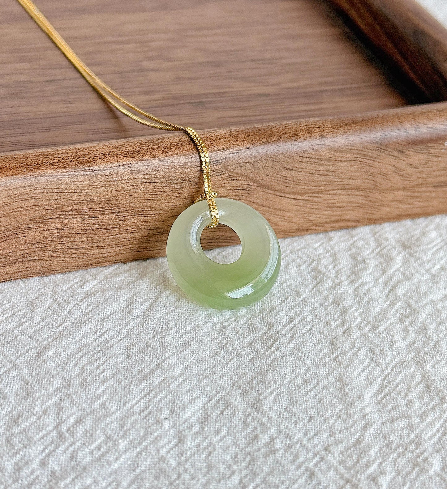 Icy Nephrite Jade Ping An Kou Necklace | Green Jade Donut Pendant | Adjustable Gold-Plated S925 Silver Chain | Dainty Jewelry Gift for Her