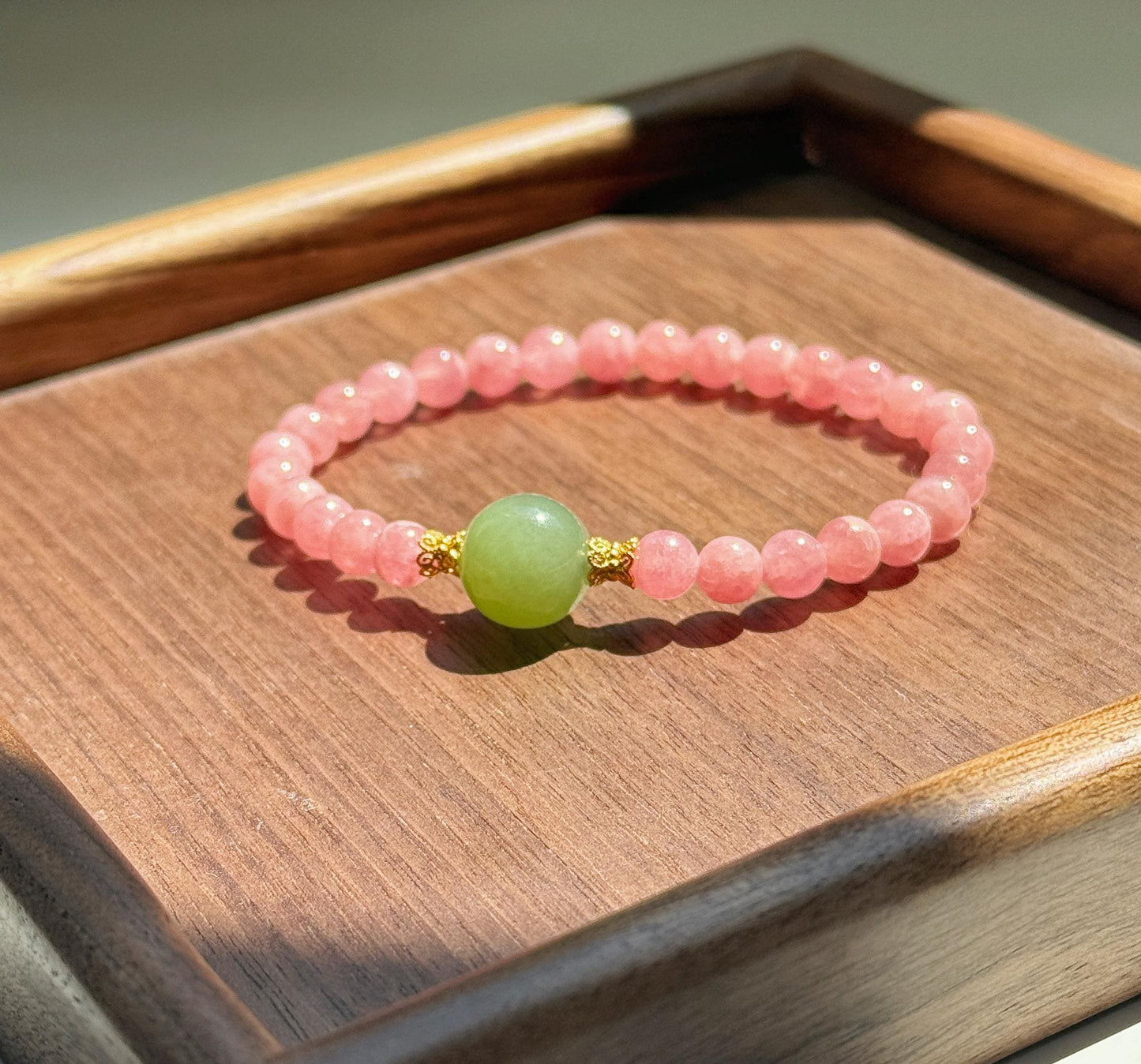 6mm Rhodochrosite Bracelet | Green Nephrite Jade Bead | Dainty Pink Gemstone Bracelet | Gift for Love | Heart Chakra