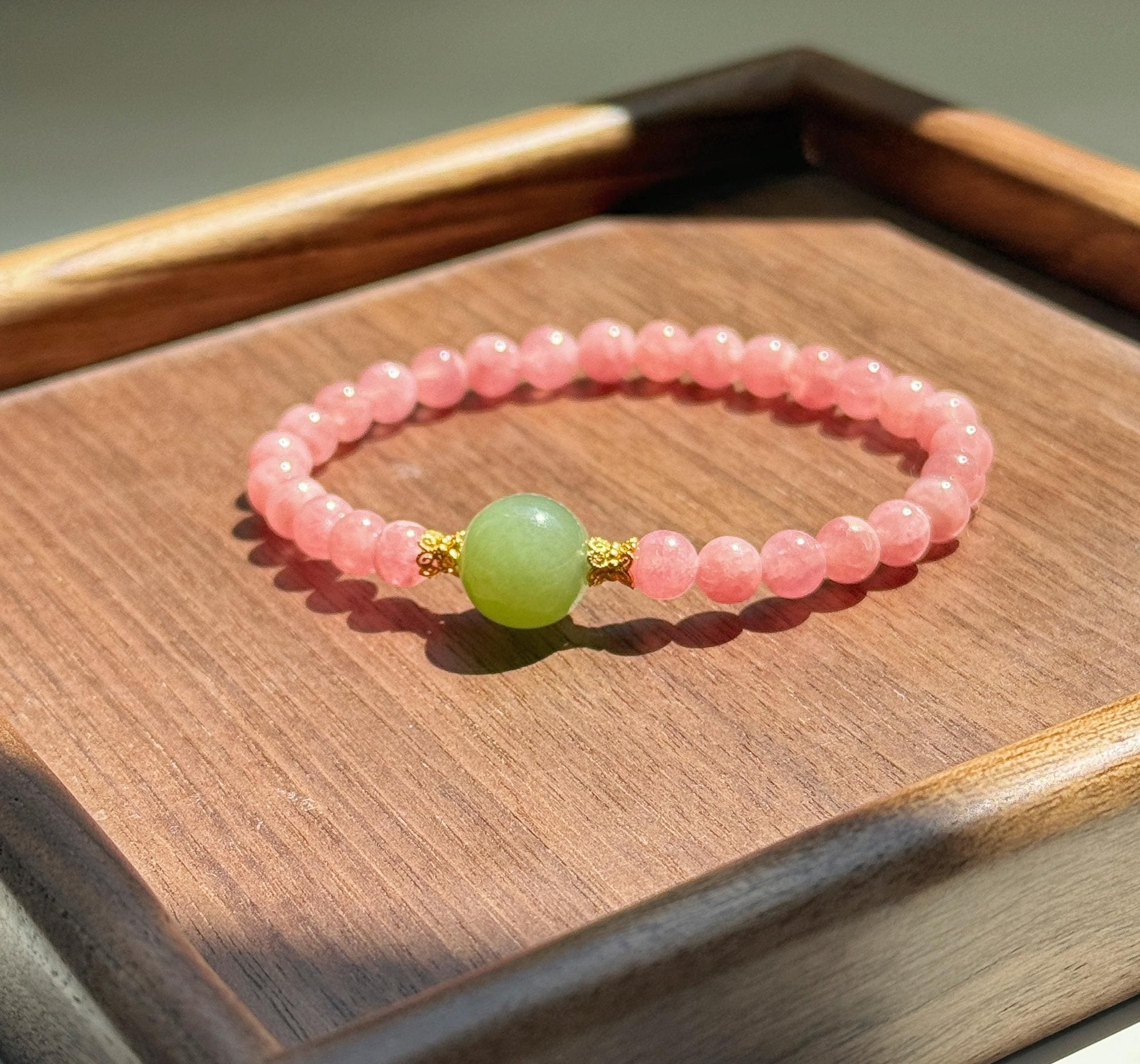 6mm Rhodochrosite Bracelet | Green Nephrite Jade Bead | Dainty Pink Gemstone Bracelet | Gift for Love | Heart Chakra