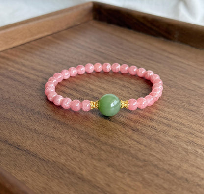6mm Rhodochrosite Bracelet | Green Nephrite Jade Bead | Dainty Pink Gemstone Bracelet | Gift for Love | Heart Chakra