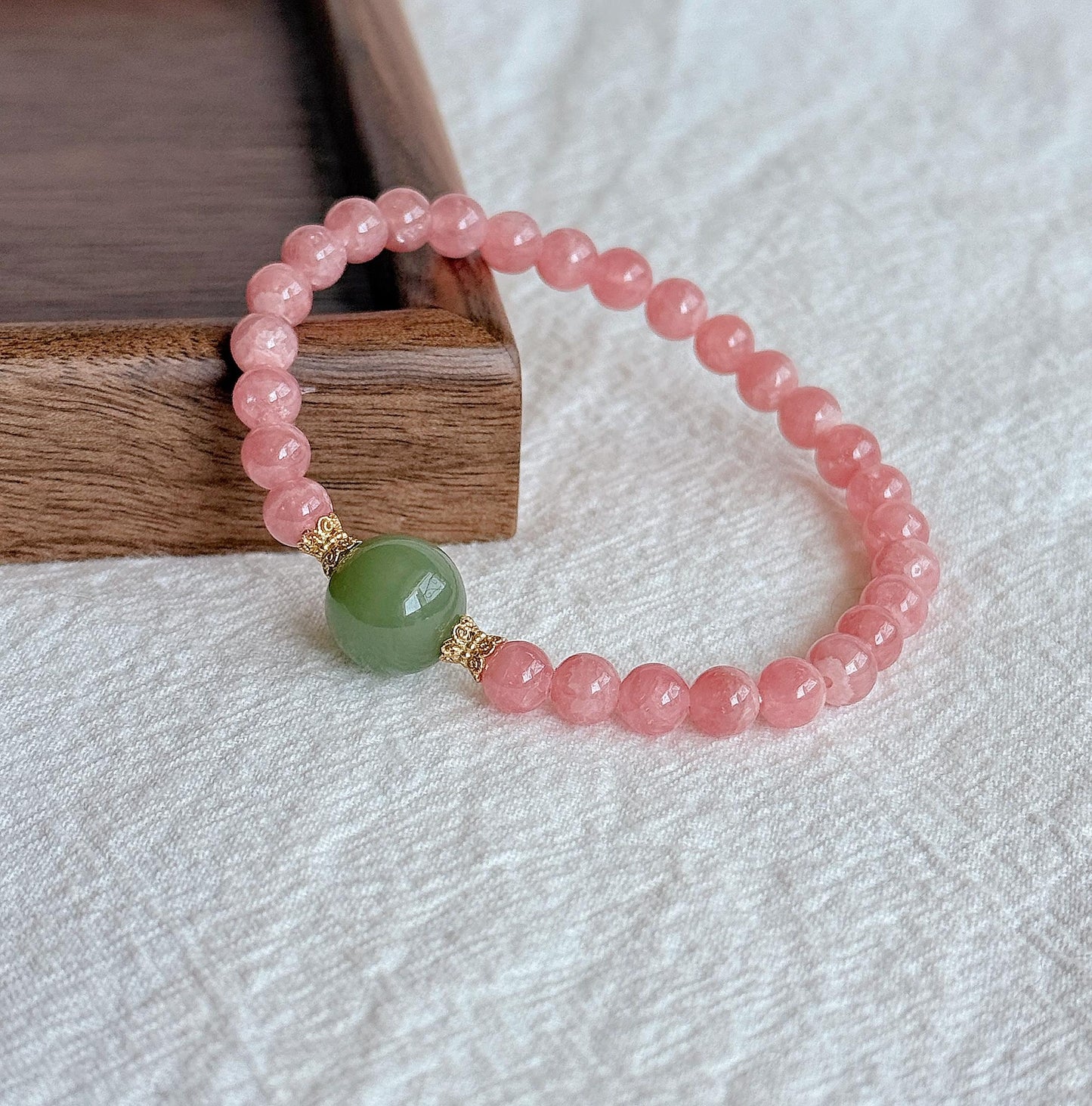 6mm Rhodochrosite Bracelet | Green Nephrite Jade Bead | Dainty Pink Gemstone Bracelet | Gift for Love | Heart Chakra