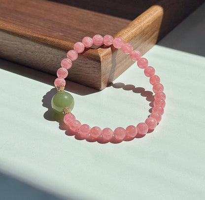 6mm Rhodochrosite Bracelet | Green Nephrite Jade Bead | Dainty Pink Gemstone Bracelet | Gift for Love | Heart Chakra