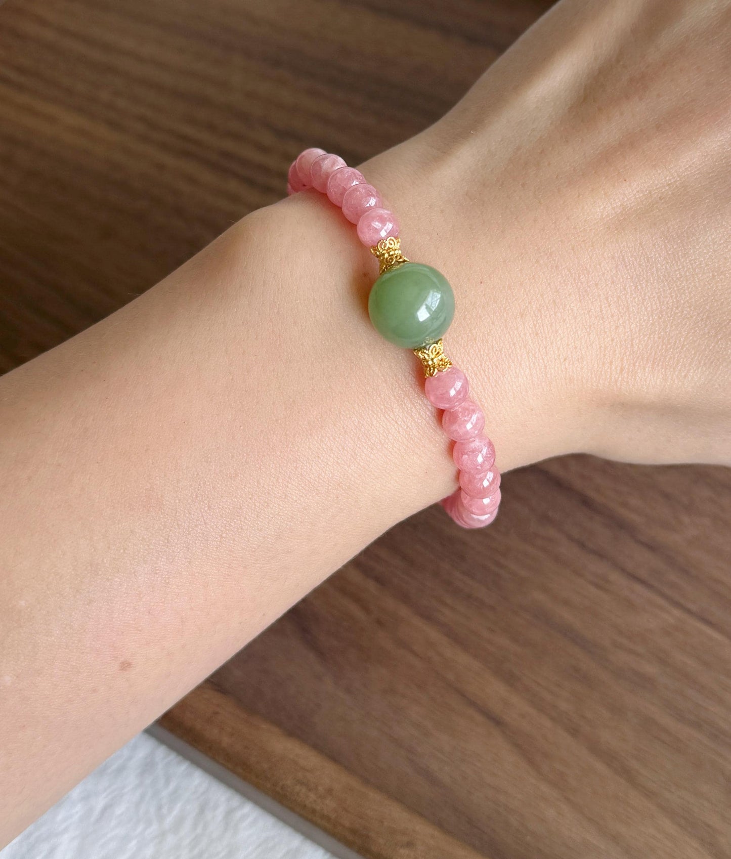6mm Rhodochrosite Bracelet | Green Nephrite Jade Bead | Dainty Pink Gemstone Bracelet | Gift for Love | Heart Chakra