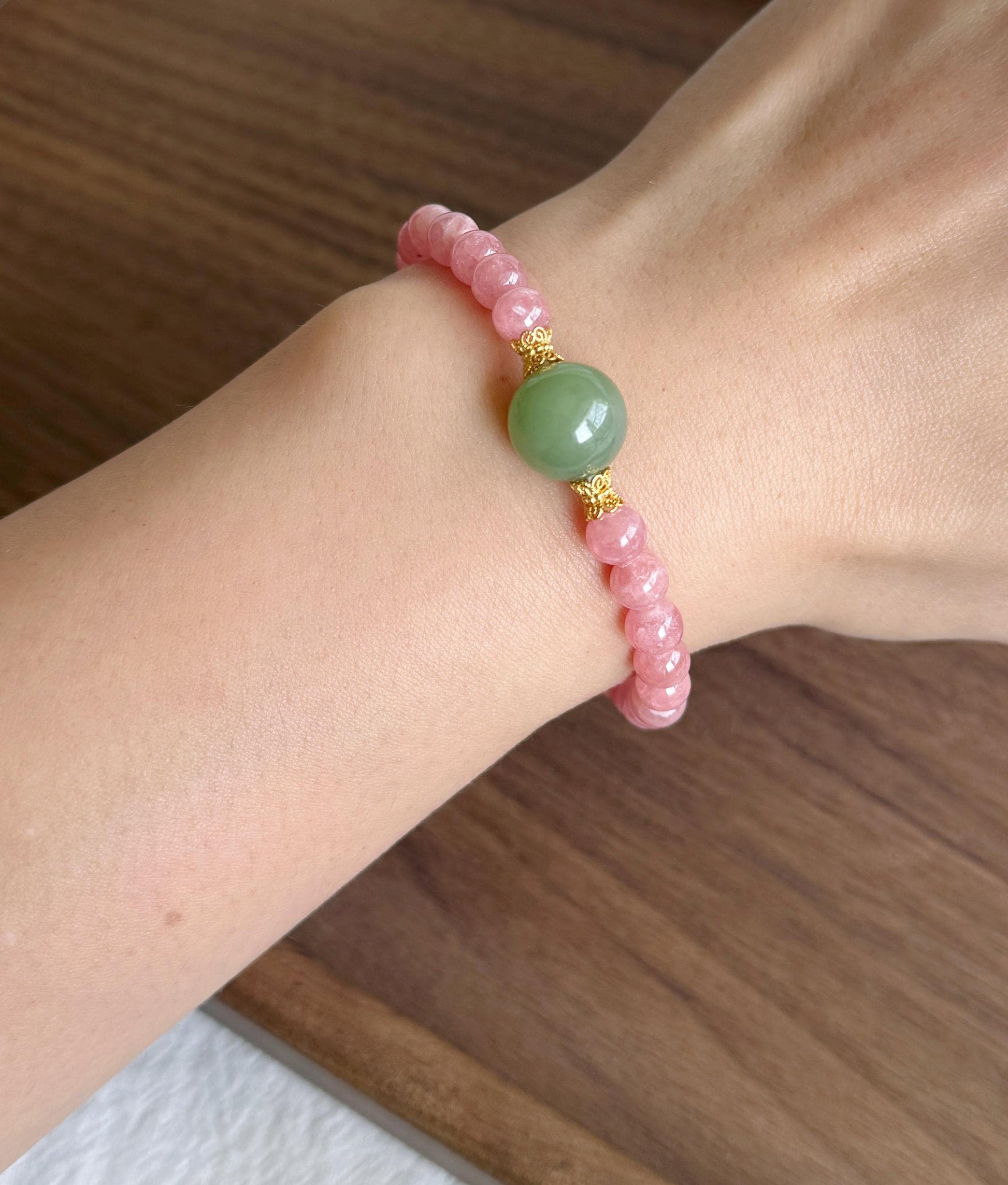 6mm Rhodochrosite Bracelet | Green Nephrite Jade Bead | Dainty Pink Gemstone Bracelet | Gift for Love | Heart Chakra