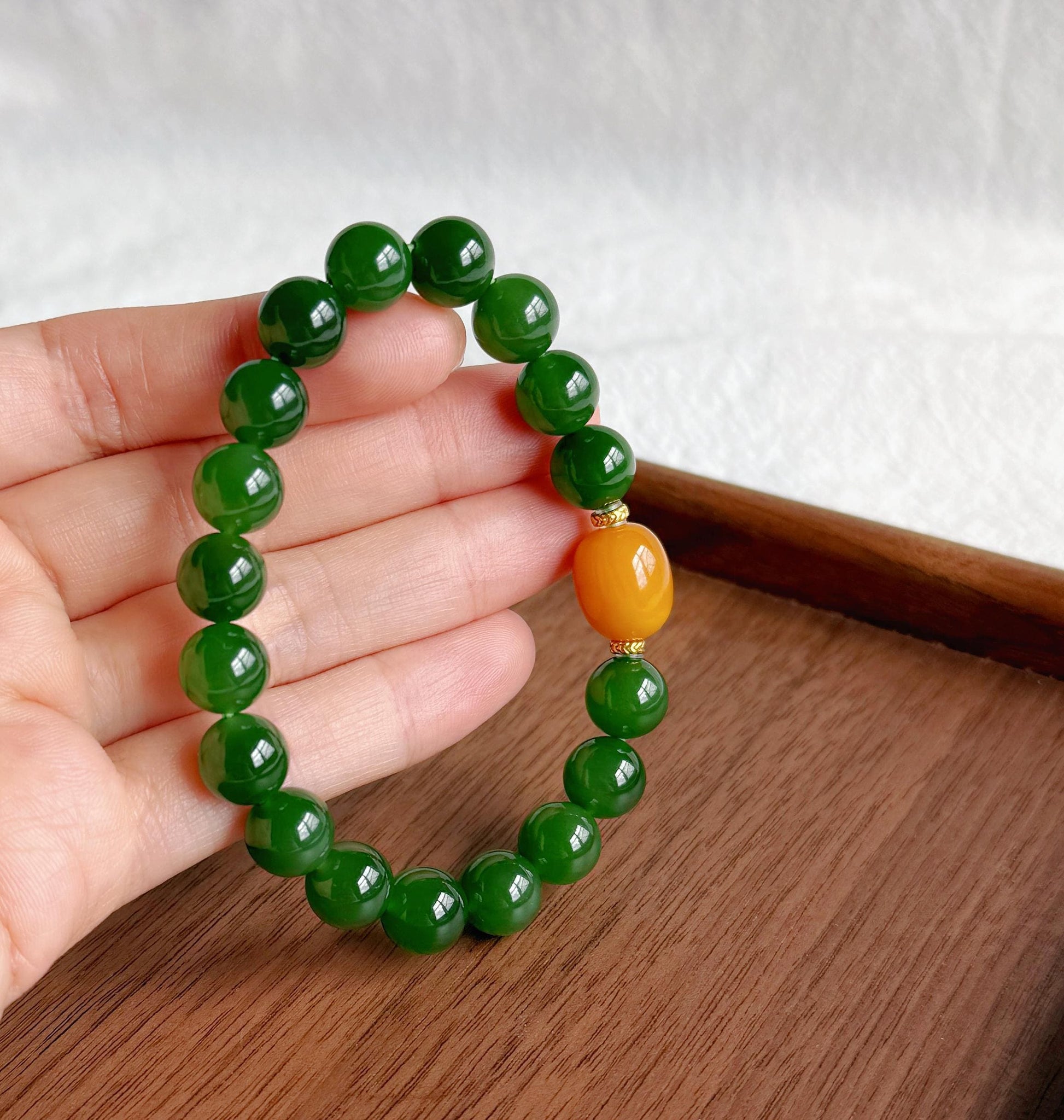 9mm Certified Green Nephrite Jade Bracelet | Baltic Amber Center | 18K Gold Spacers | Luxury Jade Jewelry Gift for Her