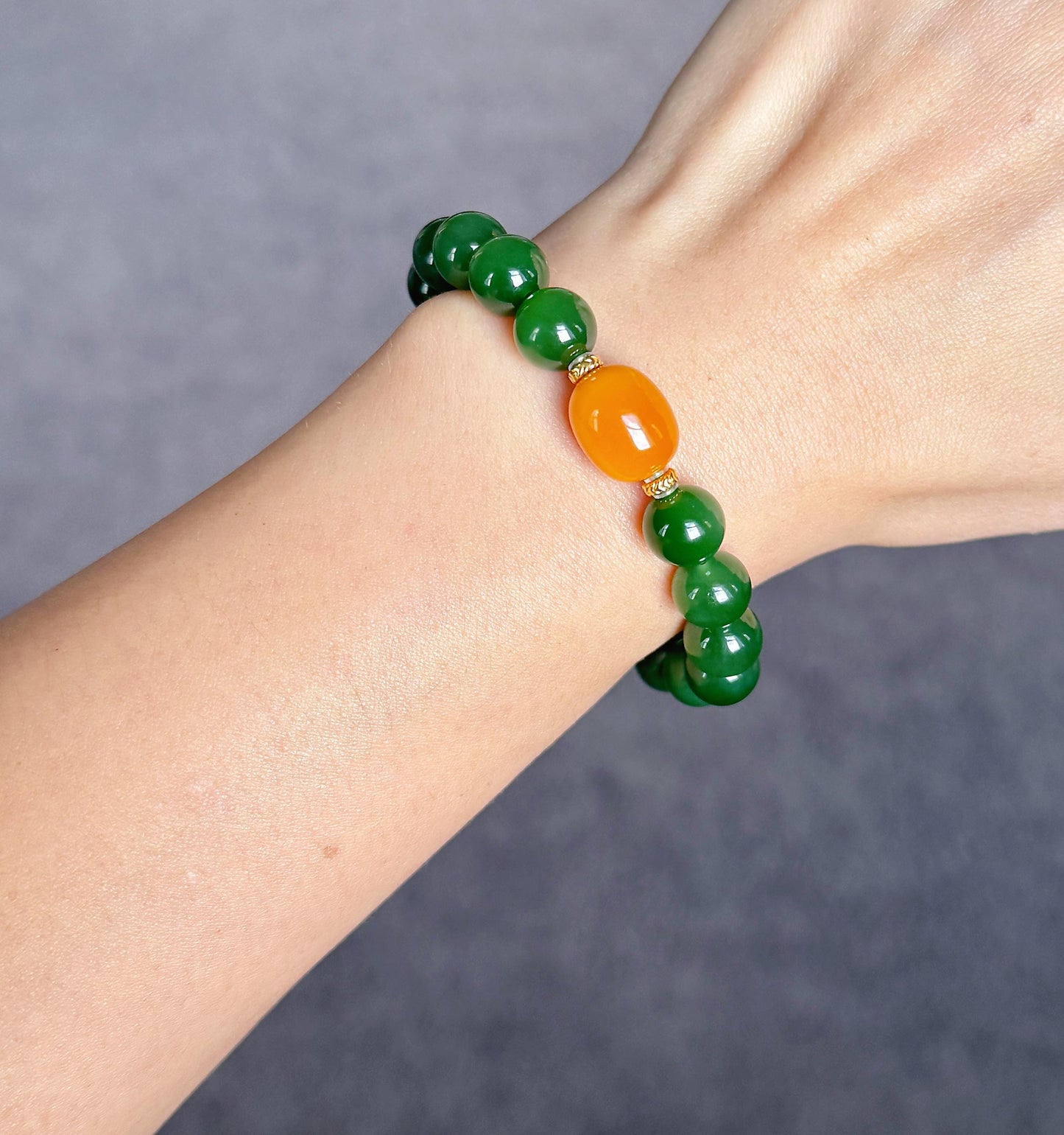 9mm Certified Green Nephrite Jade Bracelet | Baltic Amber Center | 18K Gold Spacers | Luxury Jade Jewelry Gift for Her
