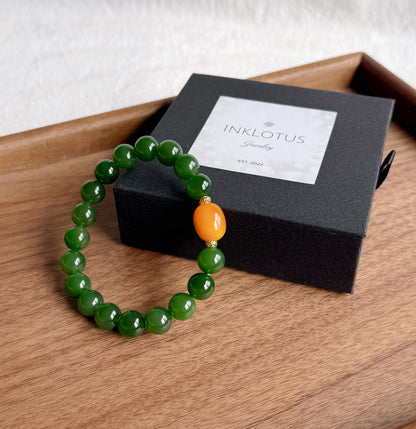 9mm Certified Green Nephrite Jade Bracelet | Baltic Amber Center | 18K Gold Spacers | Luxury Jade Jewelry Gift for Her