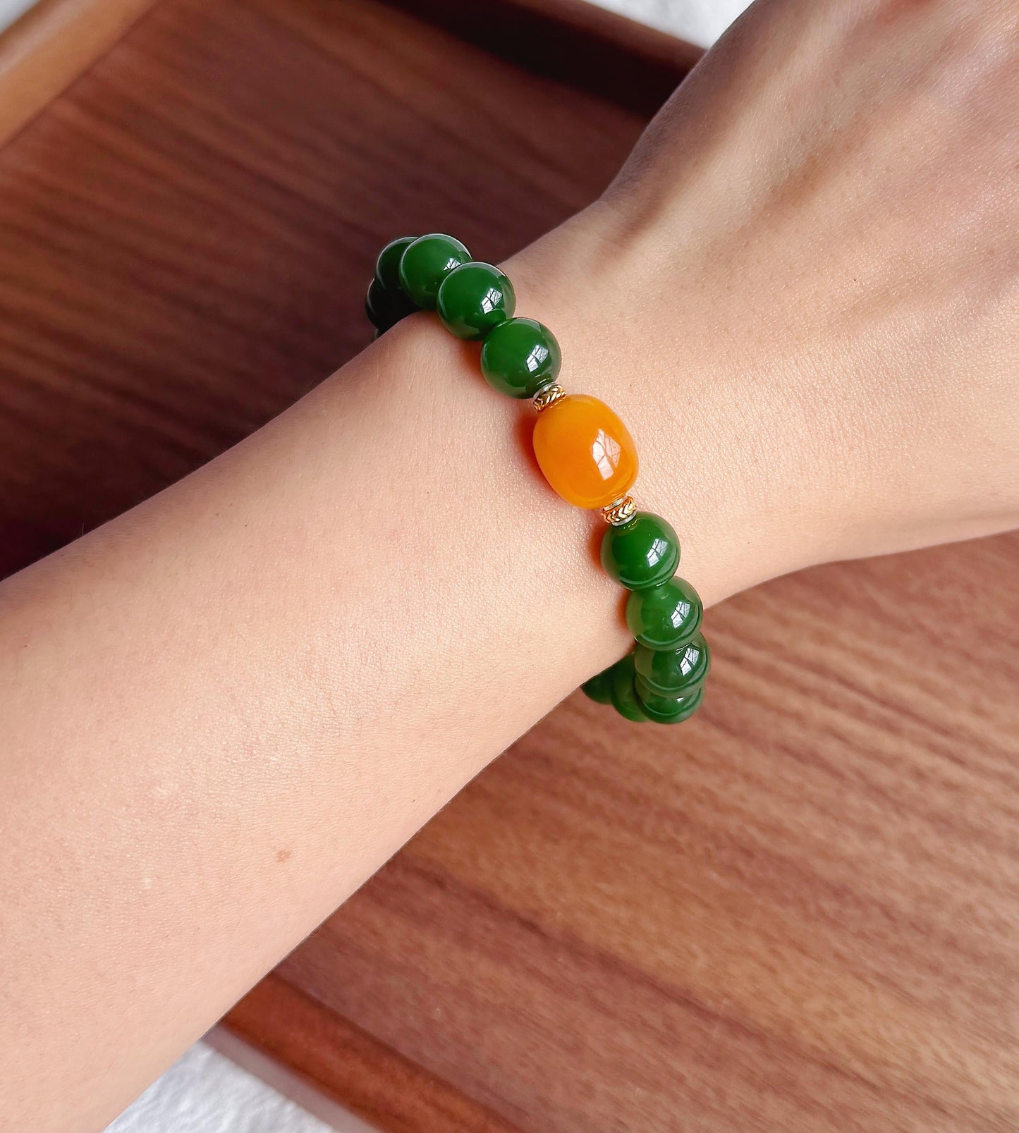 9mm Certified Green Nephrite Jade Bracelet | Baltic Amber Center | 18K Gold Spacers | Luxury Jade Jewelry Gift for Her