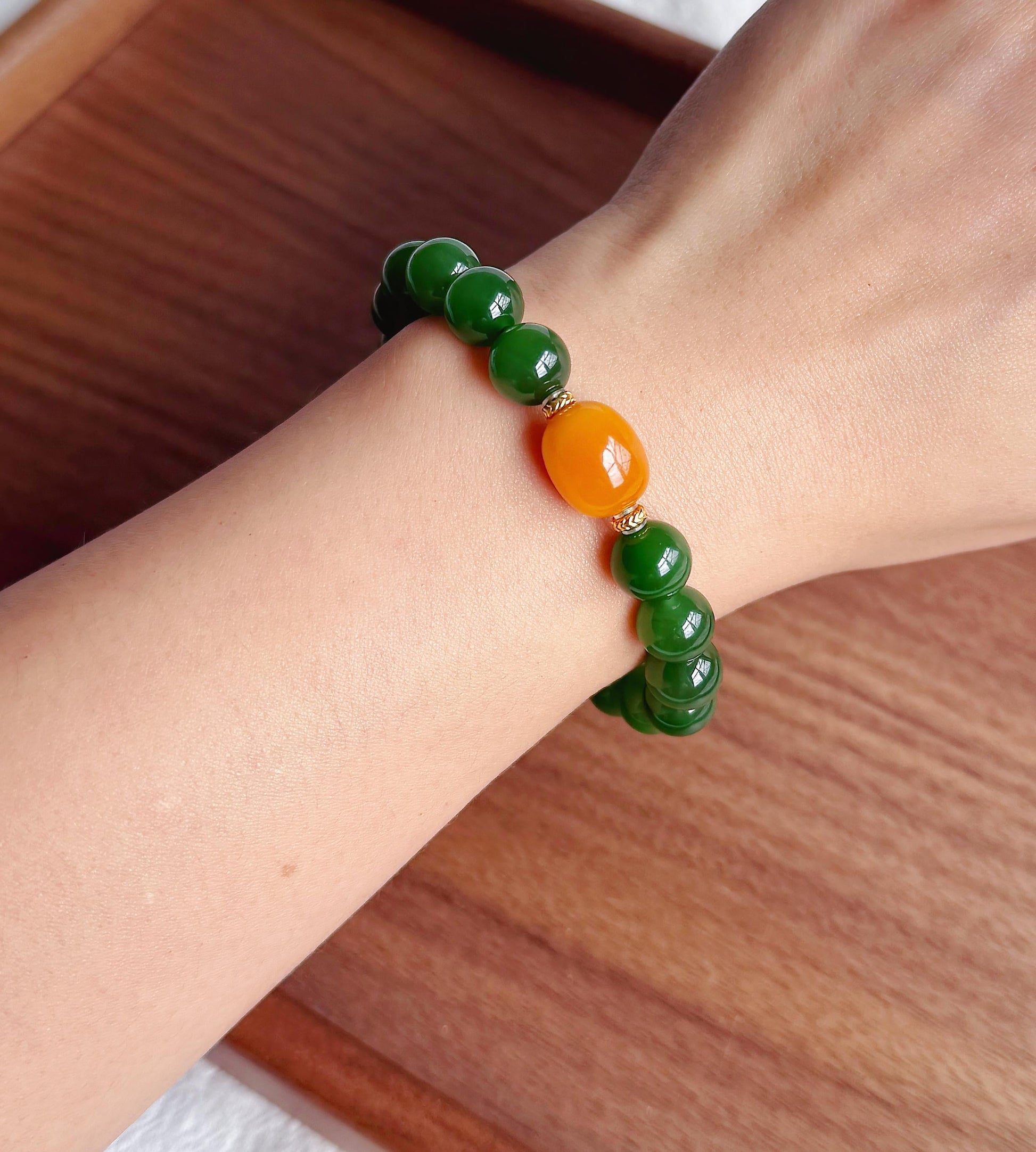 9mm Certified Green Nephrite Jade Bracelet | Baltic Amber Center | 18K Gold Spacers | Luxury Jade Jewelry Gift for Her