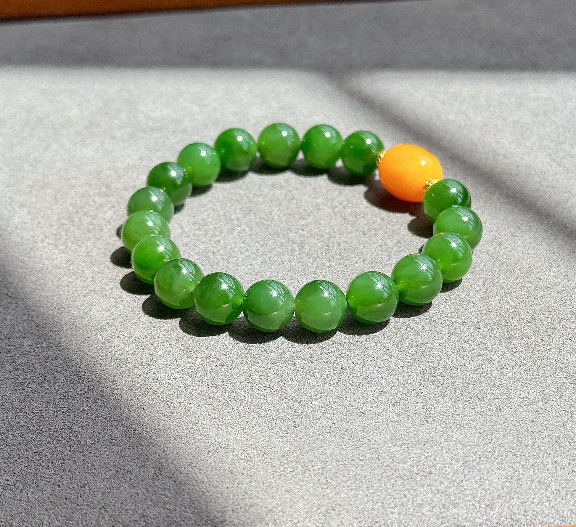9mm Certified Green Nephrite Jade Bracelet | Baltic Amber Center | 18K Gold Spacers | Luxury Jade Jewelry Gift for Her